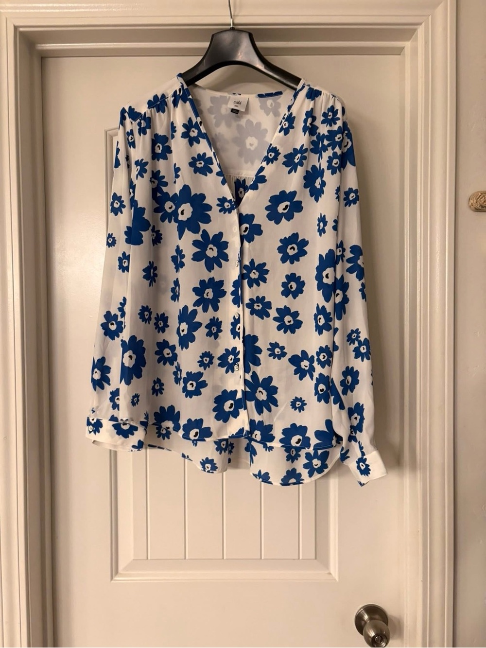 CAbi White Blouse with Bold Blue Floral Print